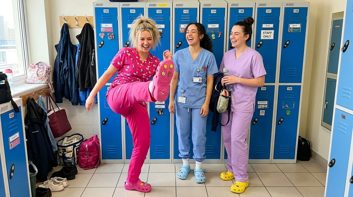 Three nurses in colourful scrubs laughing in the locker room, one high-kicking to show off her pink POSSO clog