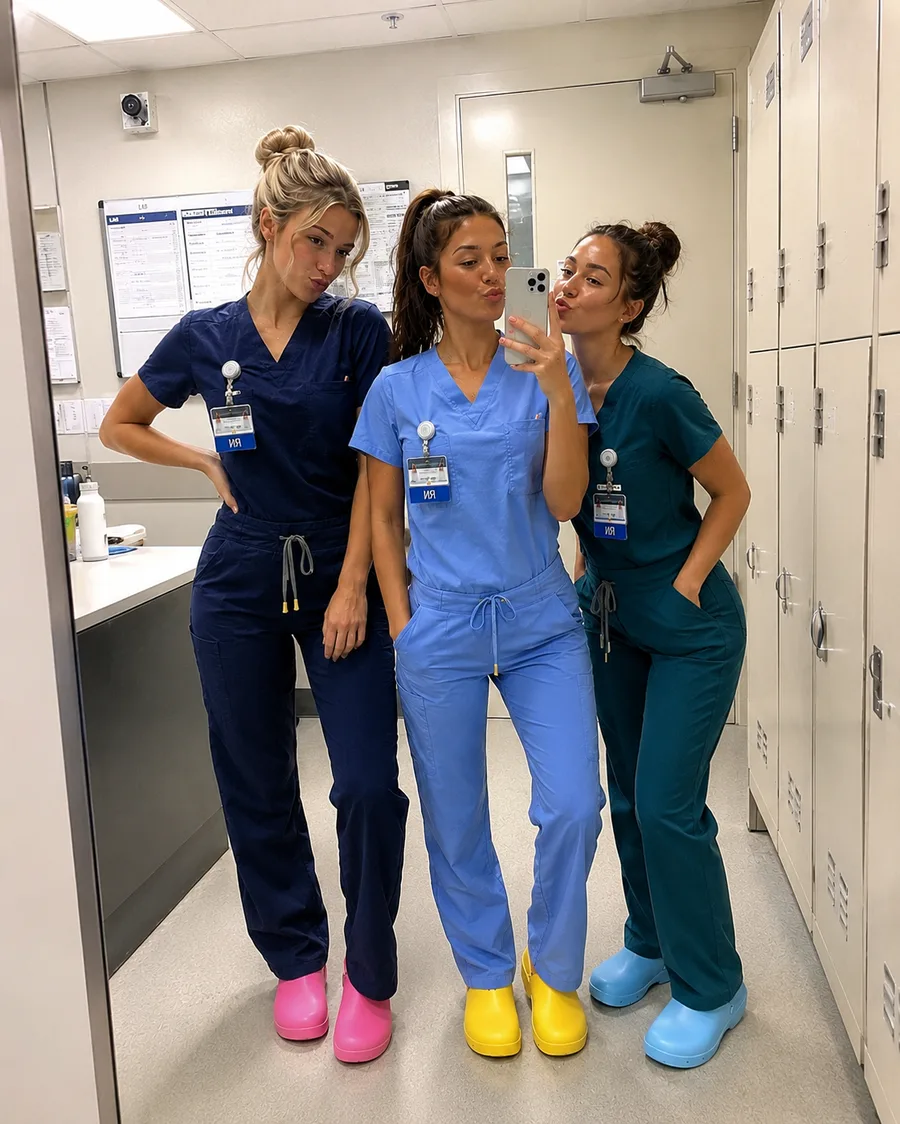 Three nurses taking a mirror selfie wearing pink, yellow and light blue POSSO shoes